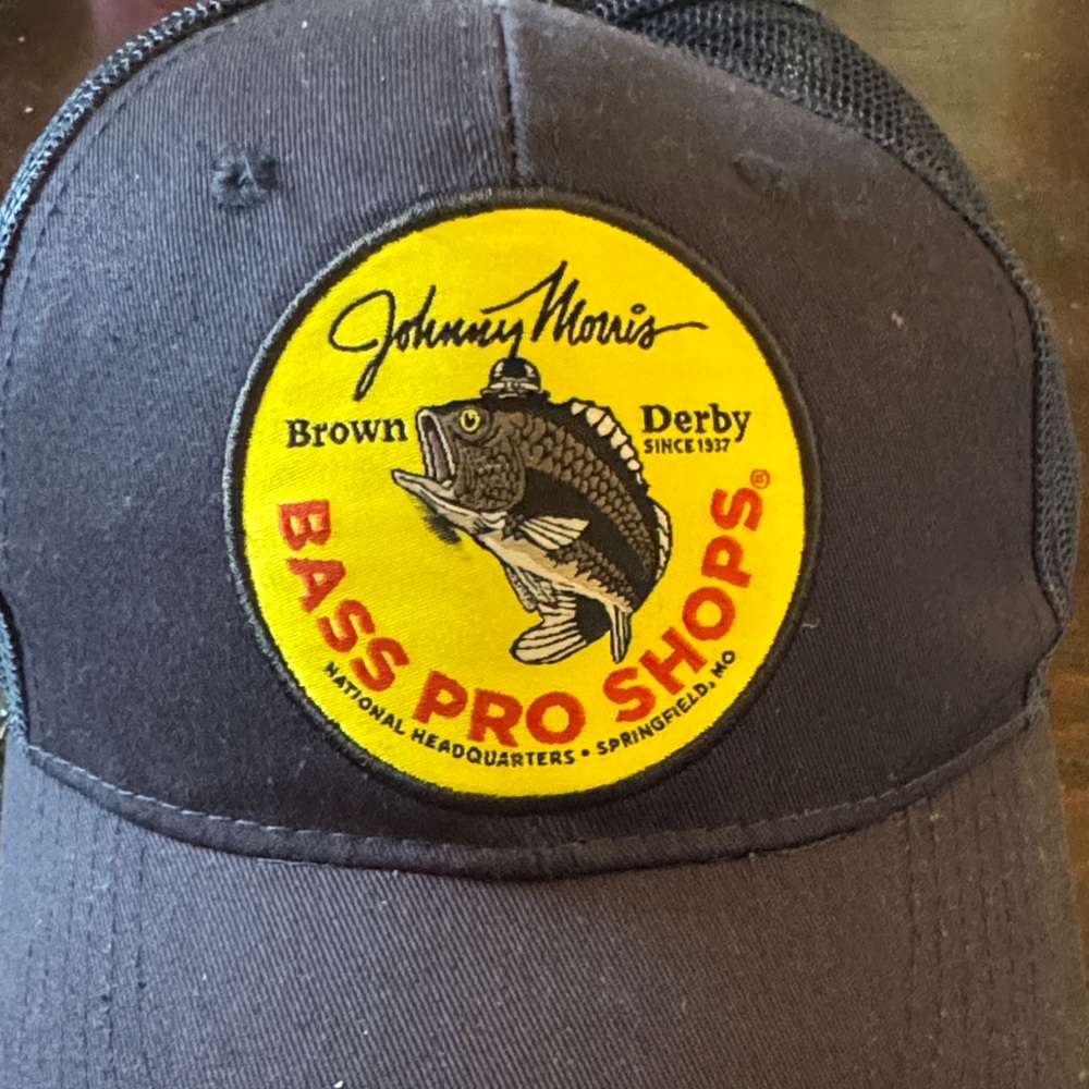 Bass Pro Shops Black Trucker Hat with Yellow Fish Patch